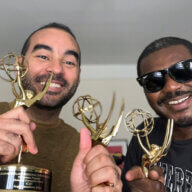 From left, Emmy-Award-winning Editor and Filmmaker Angel Castellanos, and Award-winning Filmmaker, and Co-founder of the A.M. Agency, Mason Richards, showcasing award statues.